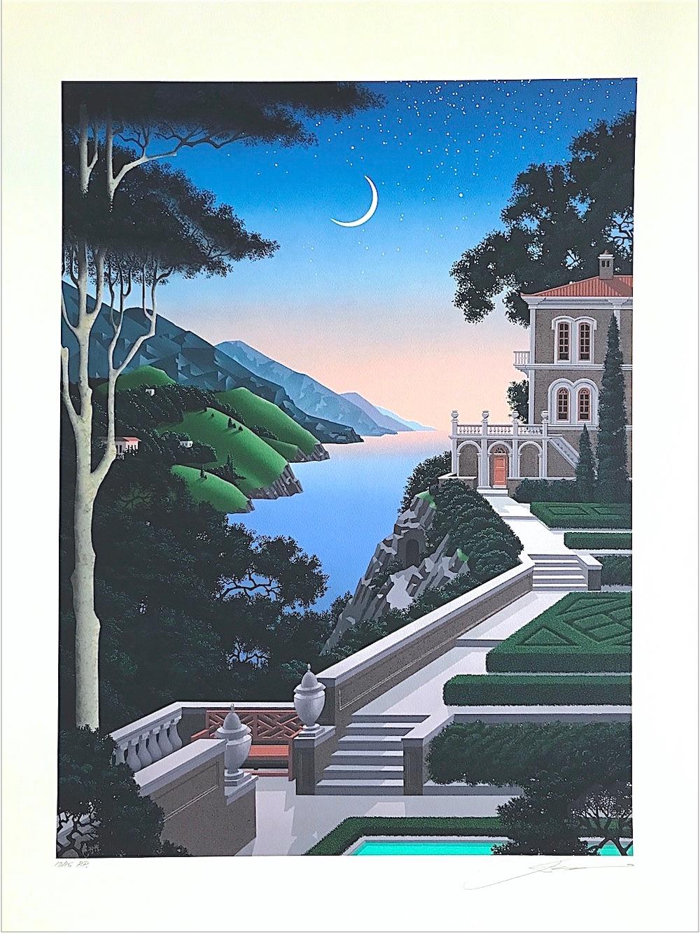 Jim Buckels Landscape Print - GIARDINO SEGRETTO Signed Lithograph Lakeside Villa Mediterranean Landscape, Moon