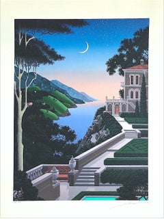 GIARDINO SEGRETTO, signierte Lithographie „Seeside Villa Mediterranean Landscape“, Mond