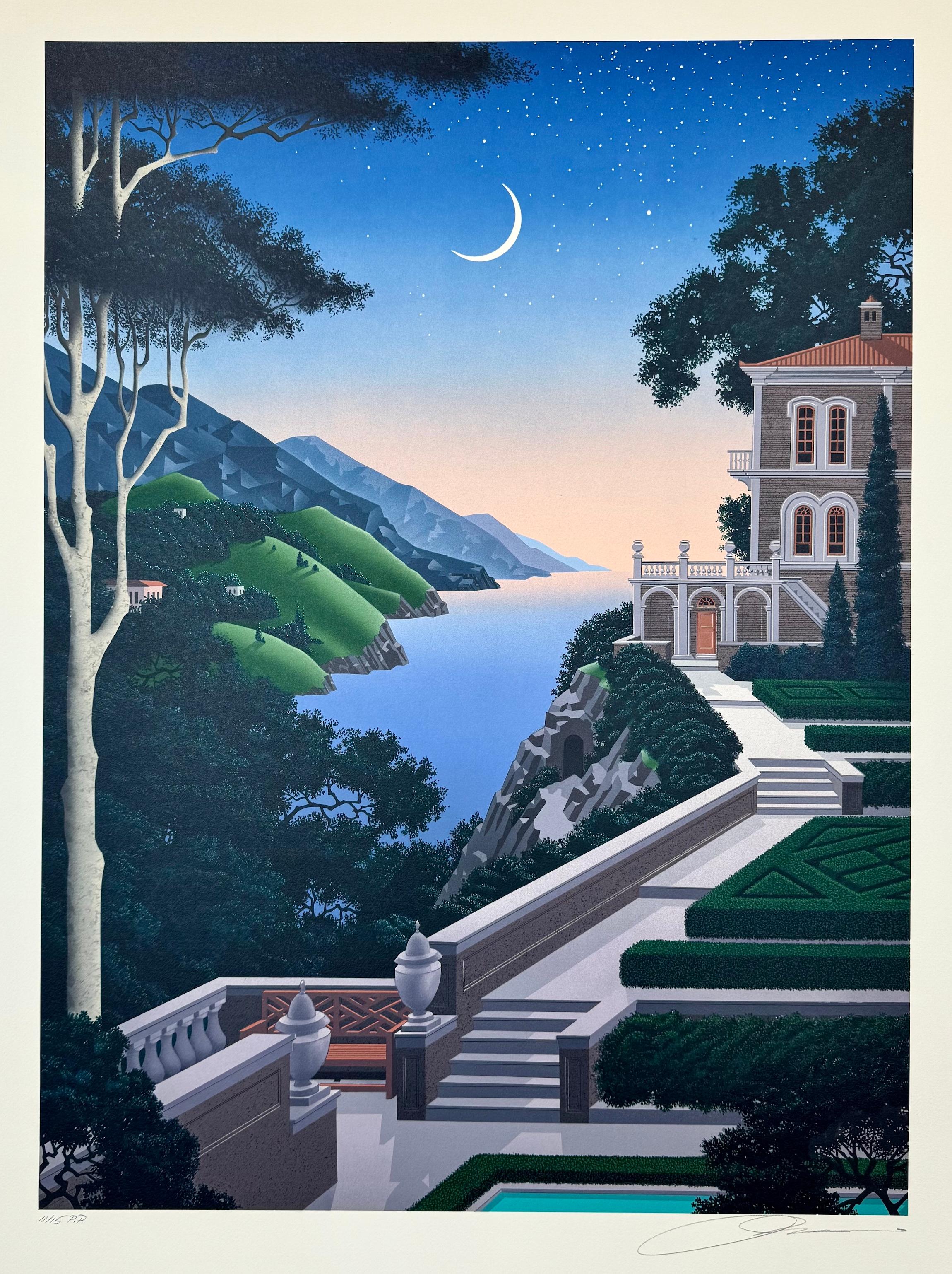 Landscape Print de Jim Buckels - GIARDINO SEGRETTO Litografía firmada Villa lacustre Paisaje mediterráneo, Luna