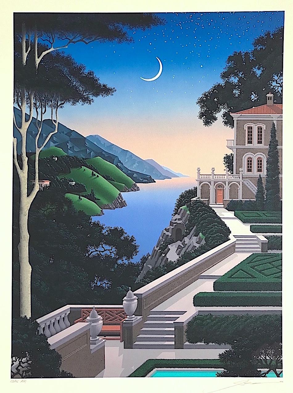 GIARDINO SEGRETTO Signed Lithograph, Moonlit Landscape, Mediterranean Villa - Print by Jim Buckels