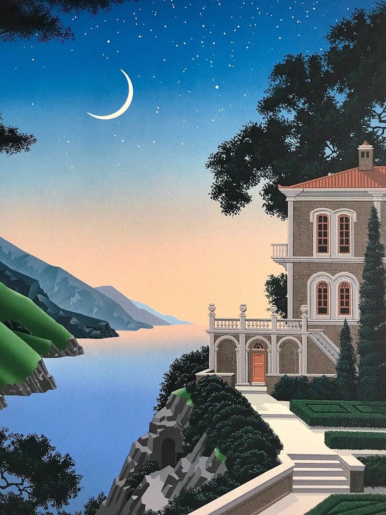GIARDINO SEGRETTO Signed Lithograph Lakeside Villa Mediterranean Landscape, Moon - Contemporary Print by Jim Buckels
