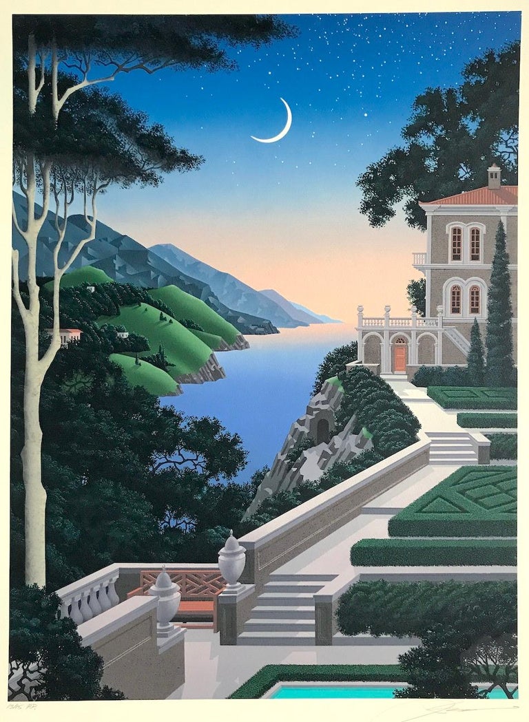 GIARDINO SEGRETTO Signed Lithograph Lakeside Villa Mediterranean Landscape, Moon - Print by Jim Buckels