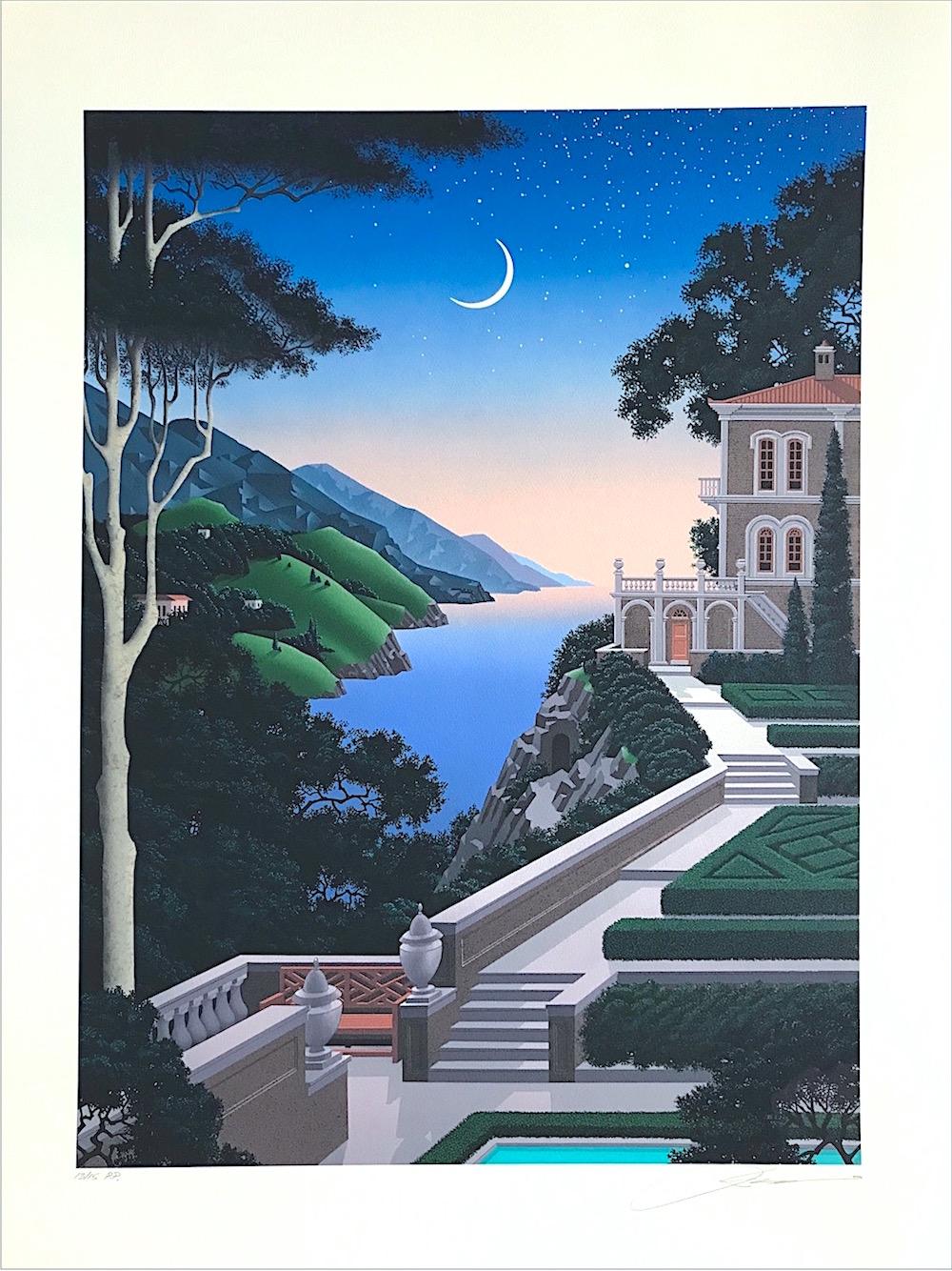 Jim Buckels Landscape Print - GIARDINO SEGRETTO Signed Lithograph, Moonlit Landscape, Mediterranean Villa