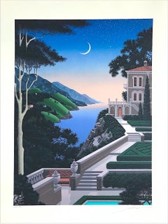 GIARDINO SEGRETTO Signed Lithograph, Moonlit Landscape, Mediterranean Villa