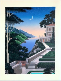 GIARDINO SEGRETTO Signed Lithograph, Moonlit Landscape, Mediterranean Villa