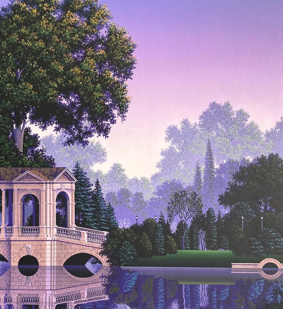 VIGILLO DI FEDRA Litografia firmata Paesaggio fantastico, piscina riflettente Viola Blu - Print di Jim Buckels
