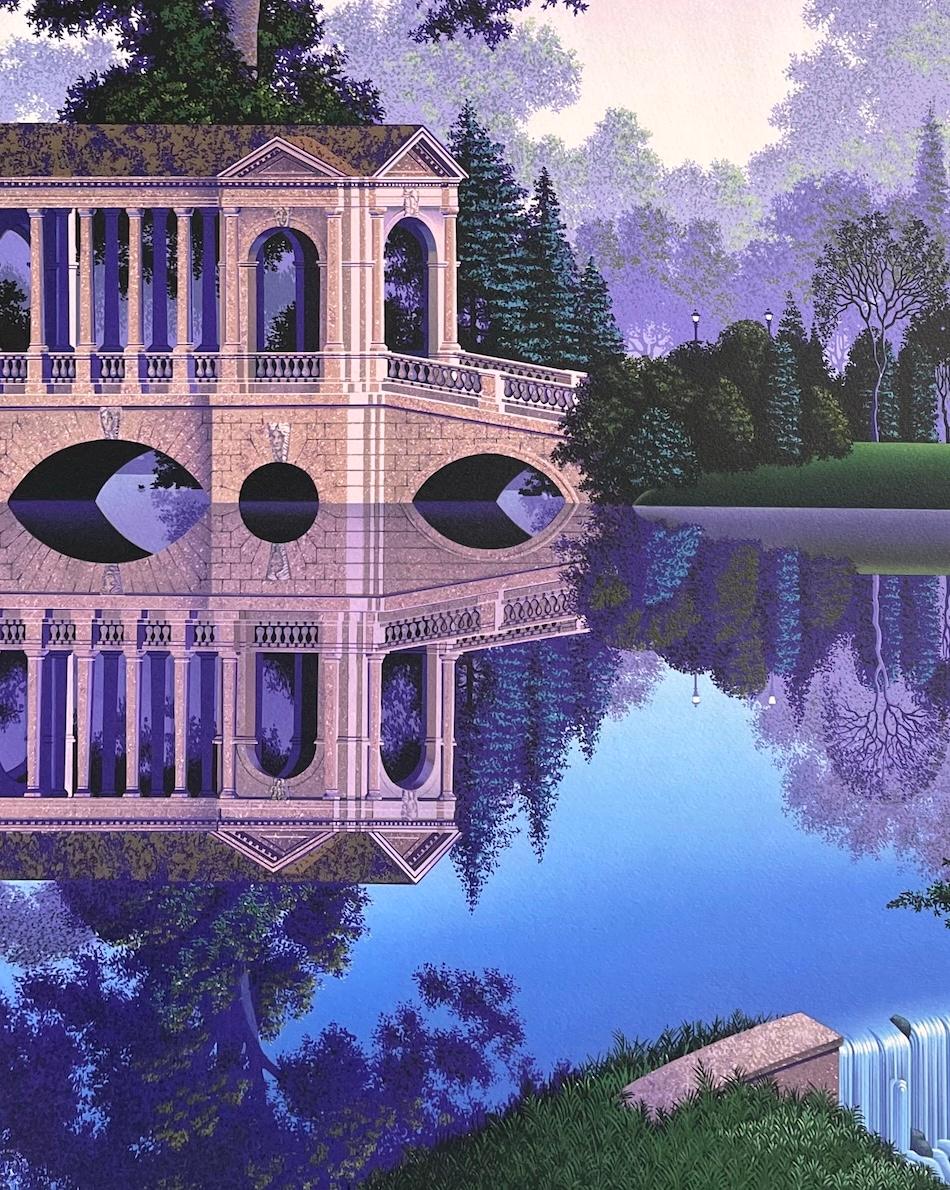 VIGILLO DI FEDRA Litografia firmata Paesaggio fantastico, piscina riflettente Viola Blu - Print Grigio di Jim Buckels
