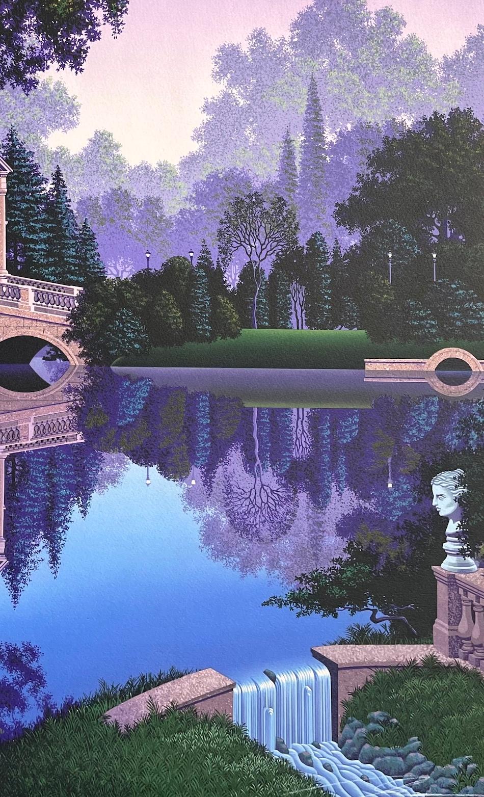 VIGILLO DI FEDRA Litografia firmata Paesaggio fantastico, piscina riflettente Viola Blu in vendita 1
