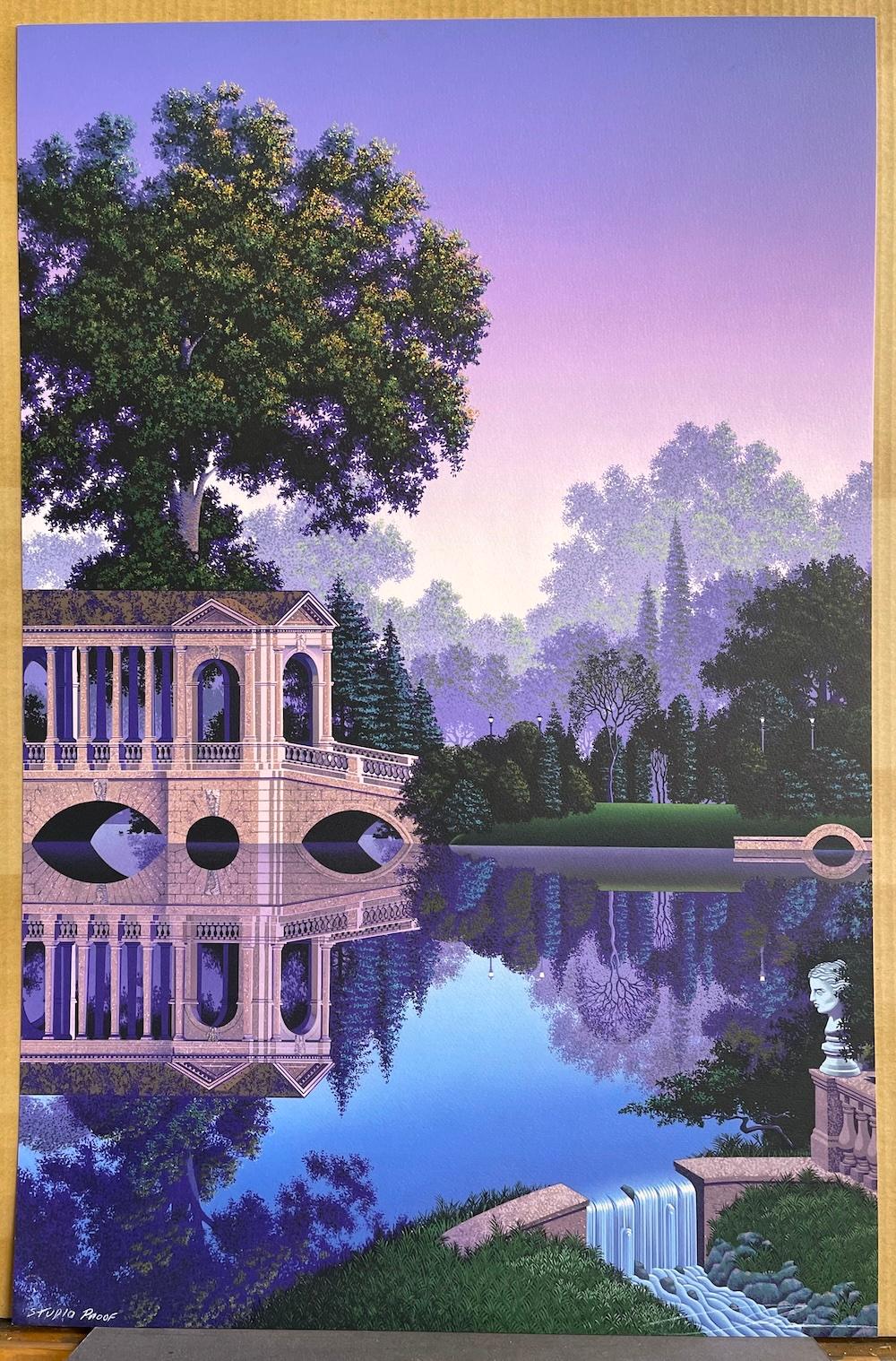 VIGILLO DI FEDRA Litografia firmata Paesaggio fantastico, piscina riflettente Viola Blu in vendita 4