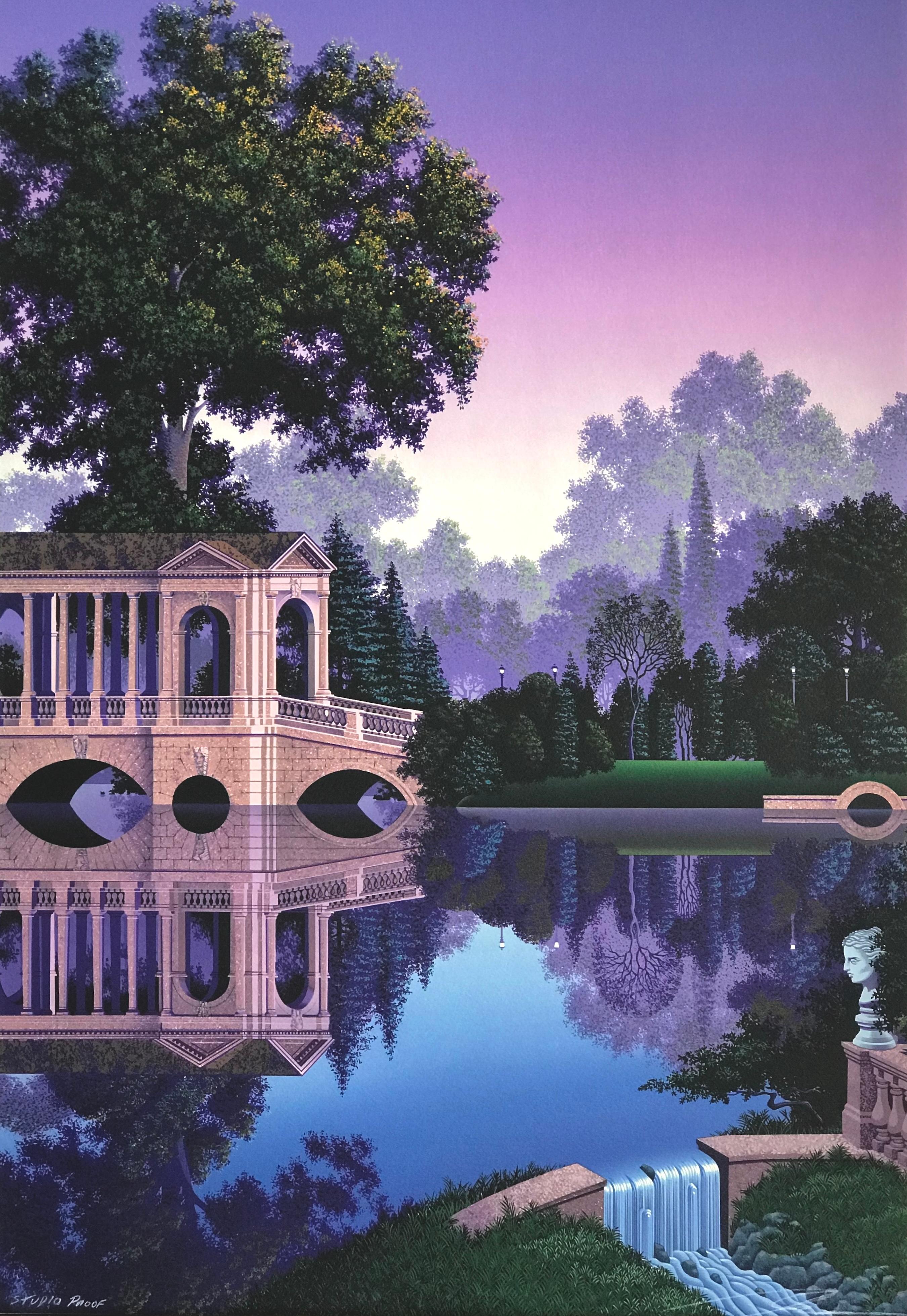PHAEDRA'S VIGIL Signed Lithograph Fantasy Landscape, Reflecting Pool Purple Blue