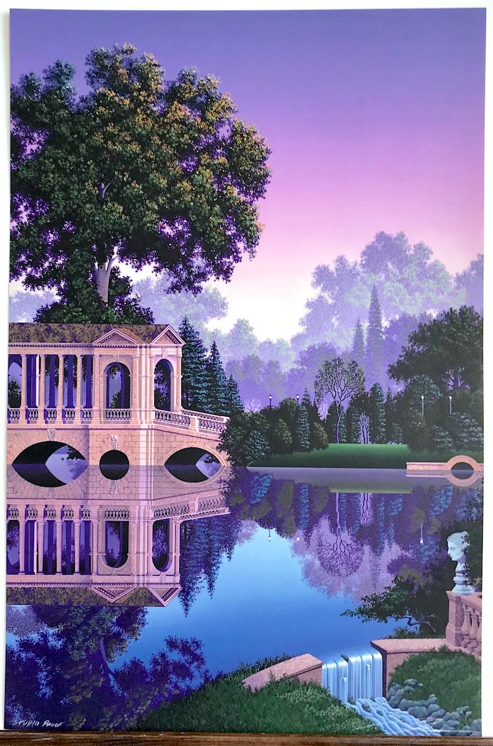 PHAEDRA'S VIGIL Signed Lithograph Fantasy Landscape, Reflecting Pool Purple Blue For Sale 1