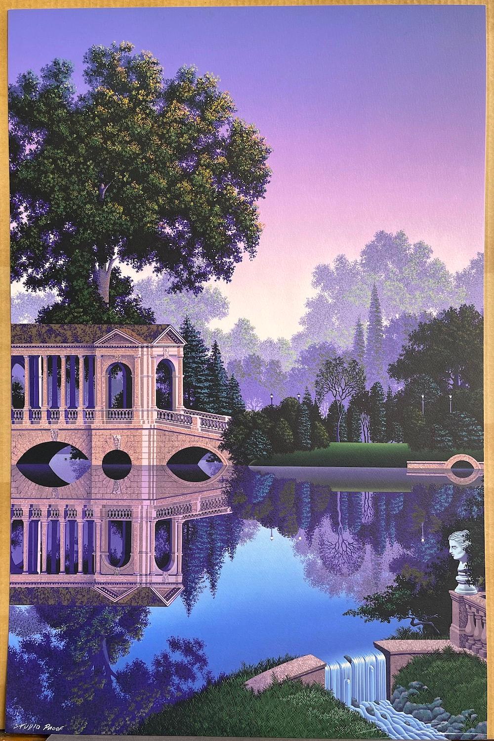 PHAEDRA'S VIGIL Signed Lithograph Purple Fantasy Landscape Blue Reflecting Pool - Contemporary Print by Jim Buckels