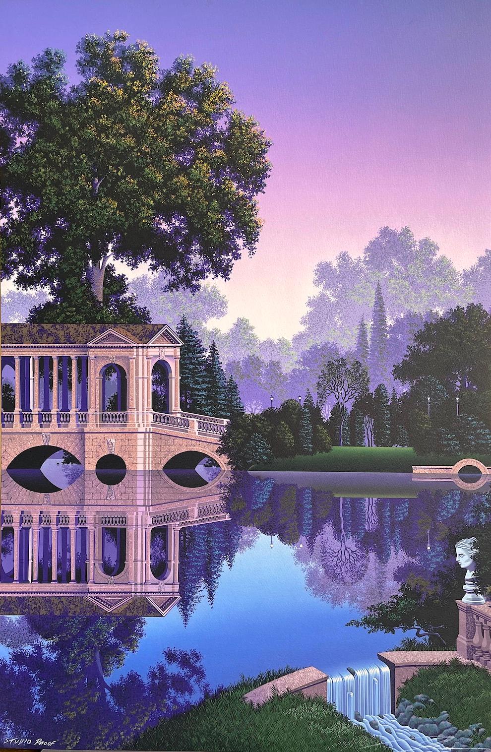 PHAEDRA'S VIGIL Signed Lithograph Fantasy Landscape, Reflecting Pool Purple Blue