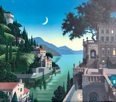 Vintage PRINCES KEPT THE VIEW Signed Lithograph, Medieval Fantasy Landscape, Moon Castle