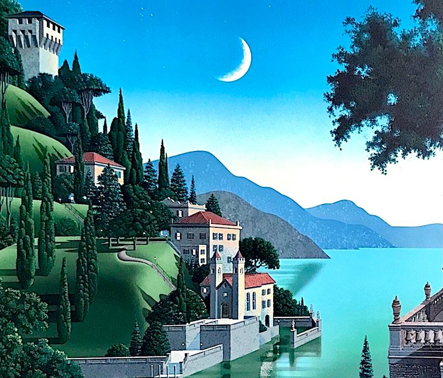 LOS PRINCIPES GUARDARON LA VISTA Litografía firmada, Villa mediterránea junto al acantilado, Luna - Print Contemporáneo de Jim Buckels