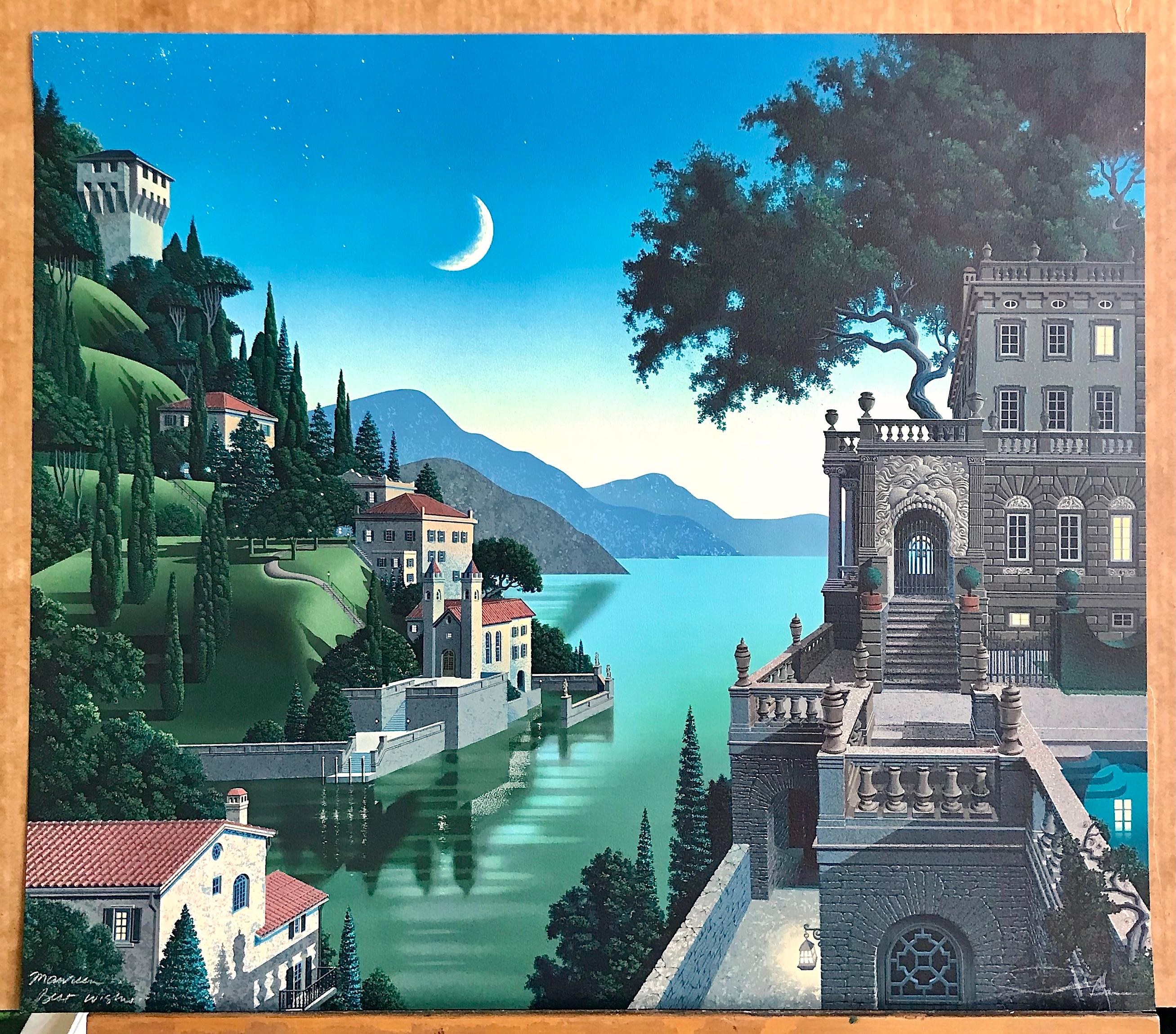 PRINCES KEPT THE VIEW Signed Lithograph, Mediterranean Cliffside Villa, Moon For Sale 1