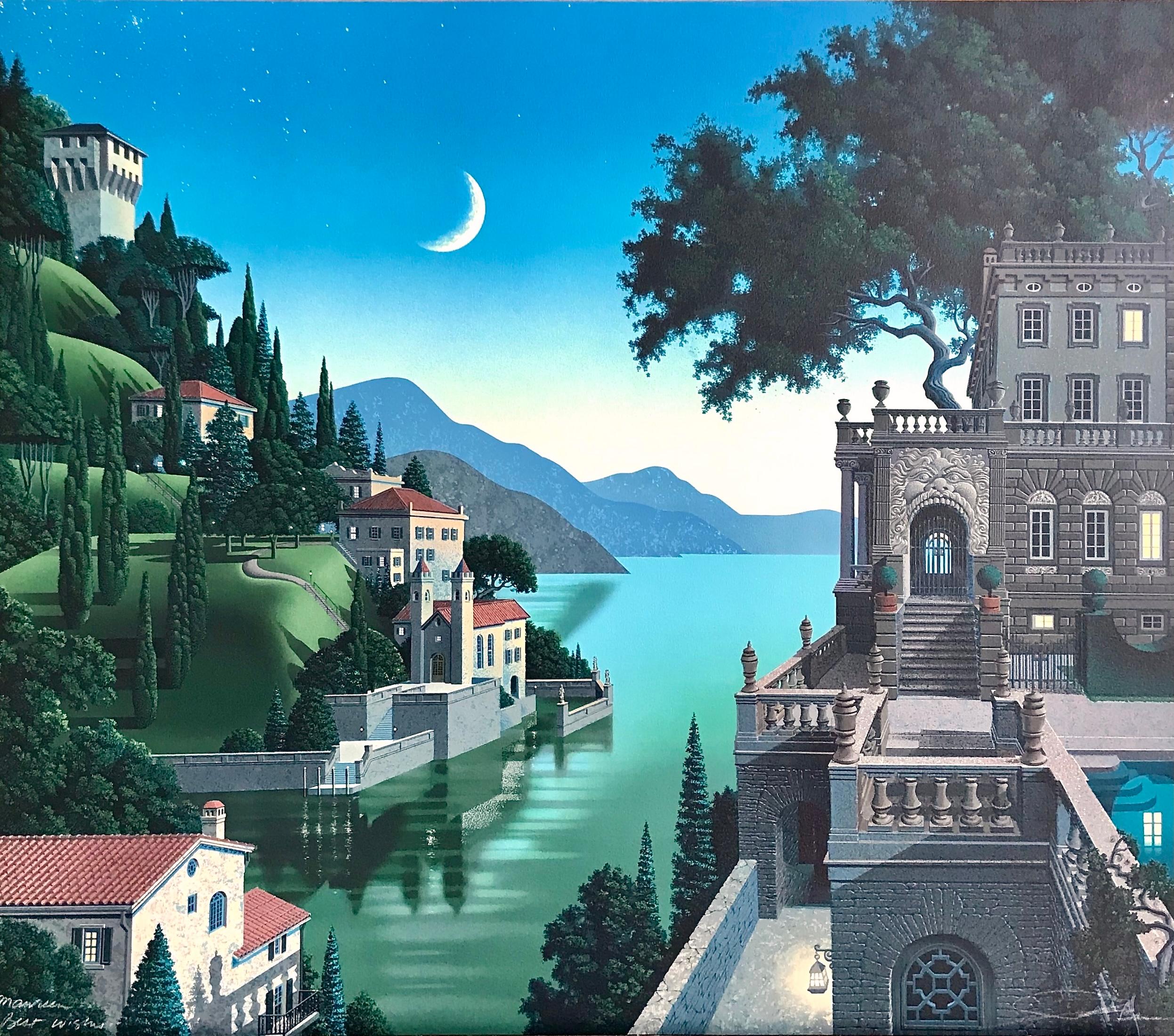 PRINCES KEPT THE VIEW Signed Lithograph, Mediterranean Cliffside Villa, Moon