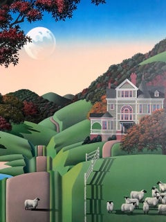 SEVEN SISTERS ROAD Signed Lithograph, Rural Landscape, House, Green Hills, Sheep