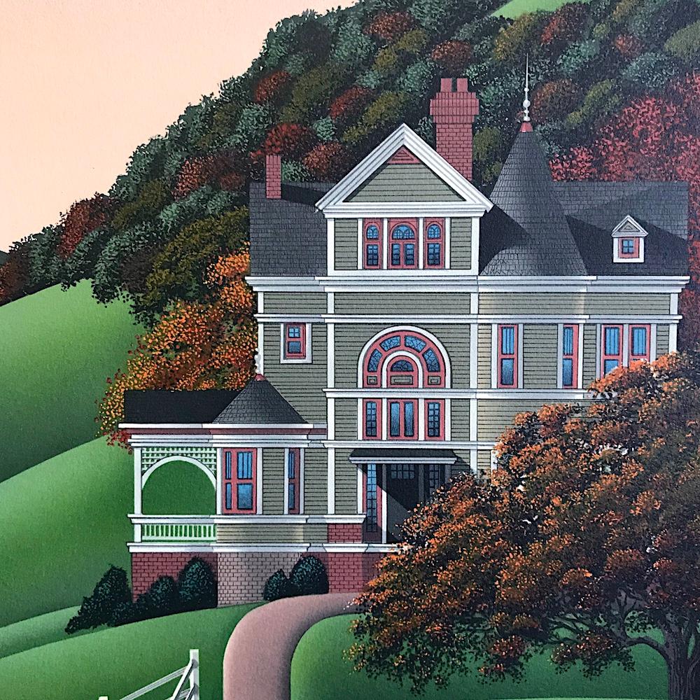 SEVEN SISTERS ROAD Signed Lithograph, Rural Landscape, House, Green Hills, Sheep - Contemporary Print by Jim Buckels