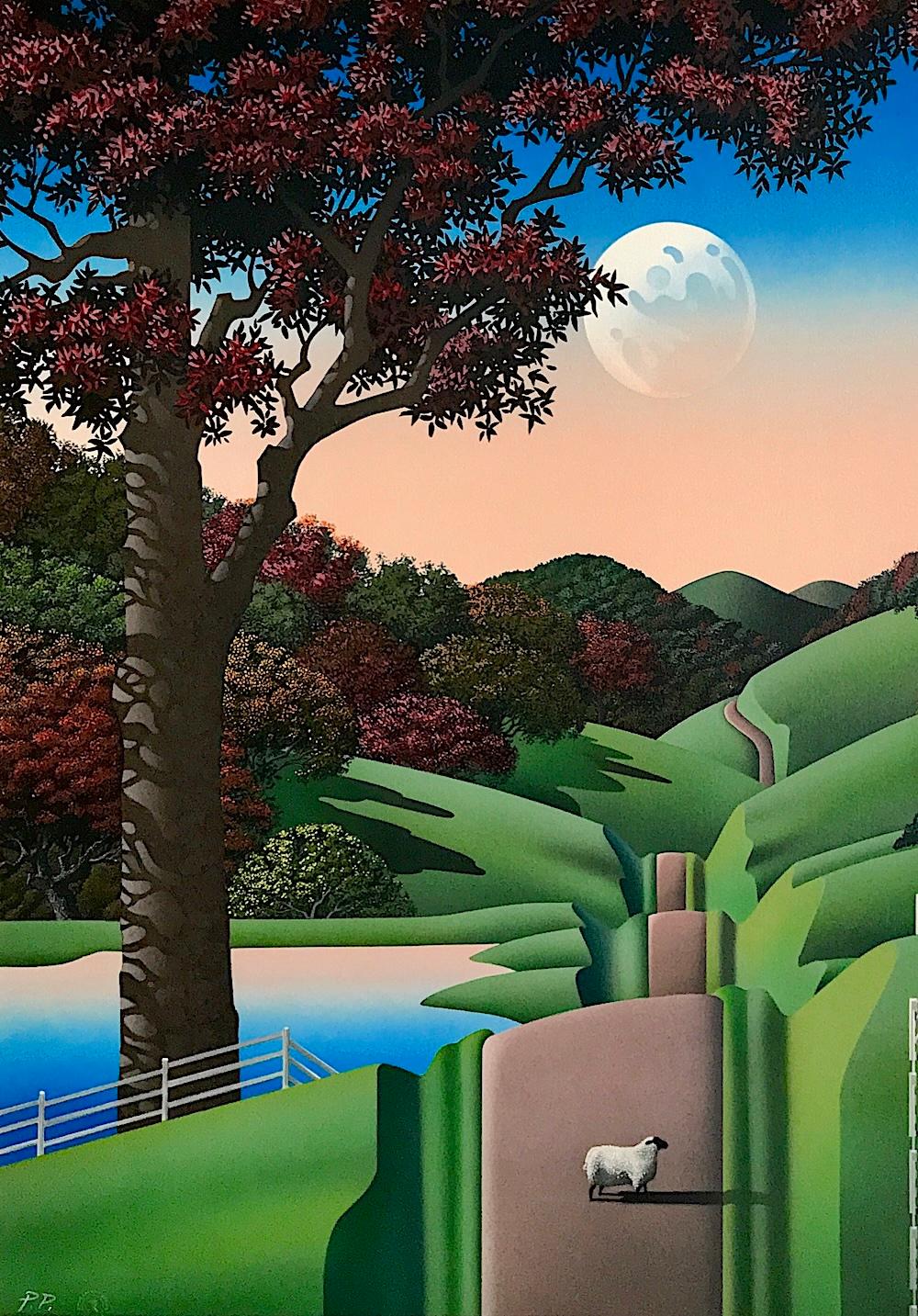 SEVEN SISTERS ROAD Litografia firmata, Paesaggio rurale, Casa, Greene & Greene, Pecore - Print Contemporaneo di Jim Buckels