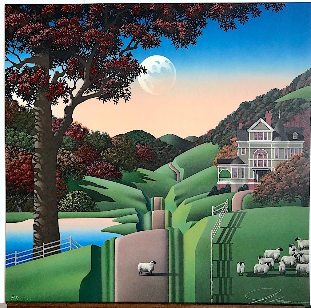SEVEN SISTERS ROAD Signed Lithograph, Rural Landscape, House, Green Hills, Sheep - Contemporary Print by Jim Buckels