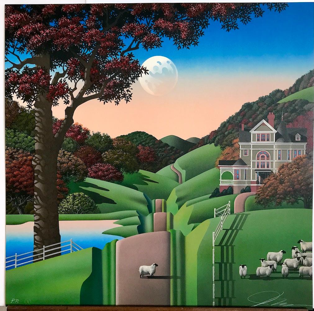 SEVEN SISTERS ROAD Litografia firmata, Paesaggio rurale, Casa, Greene & Greene, Pecore in vendita 3