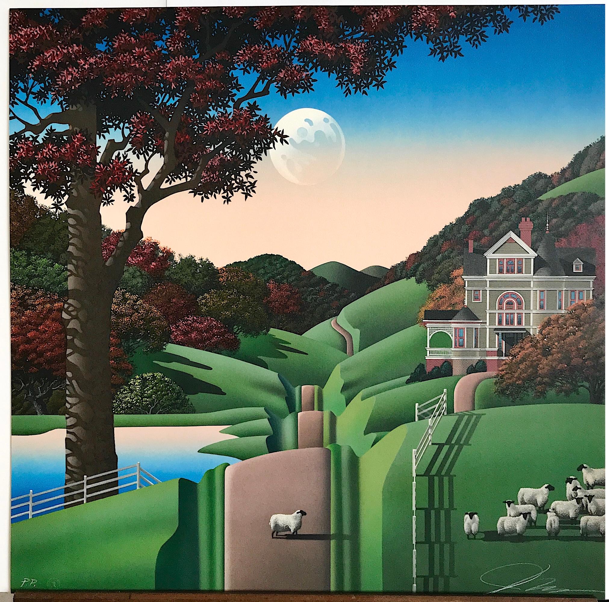 SEVEN SISTERS ROAD Signed Lithograph, Rural Landscape, House, Green Hills, Sheep For Sale 2