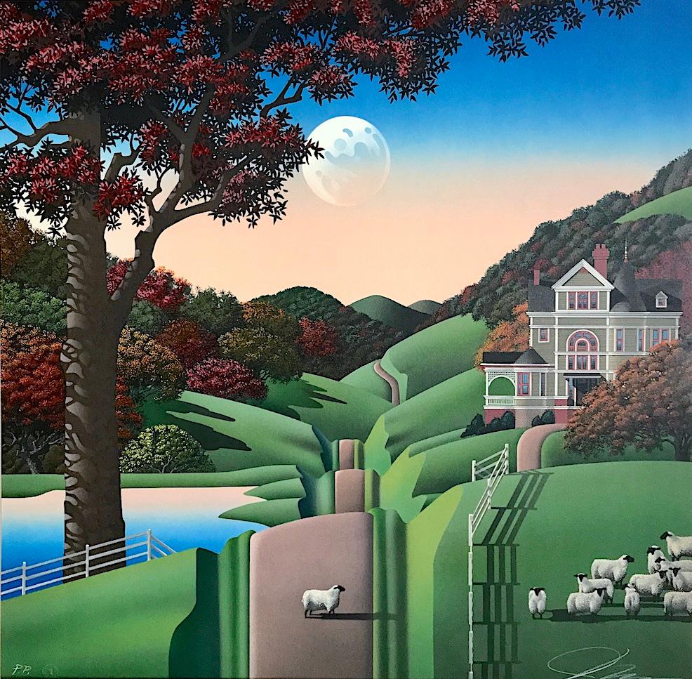 SEVEN SISTERS ROAD Litografia firmata, Paesaggio rurale, Casa, Greene & Greene, Pecore