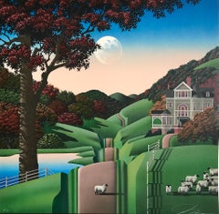 Vintage SEVEN SISTERS ROAD Signed Lithograph, Rural Landscape, House, Green Hills, Sheep