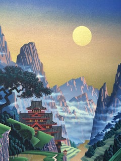 SEVENTH TORII Signed Lithograph Japanese Architecture, Mountains Water Gold Sky