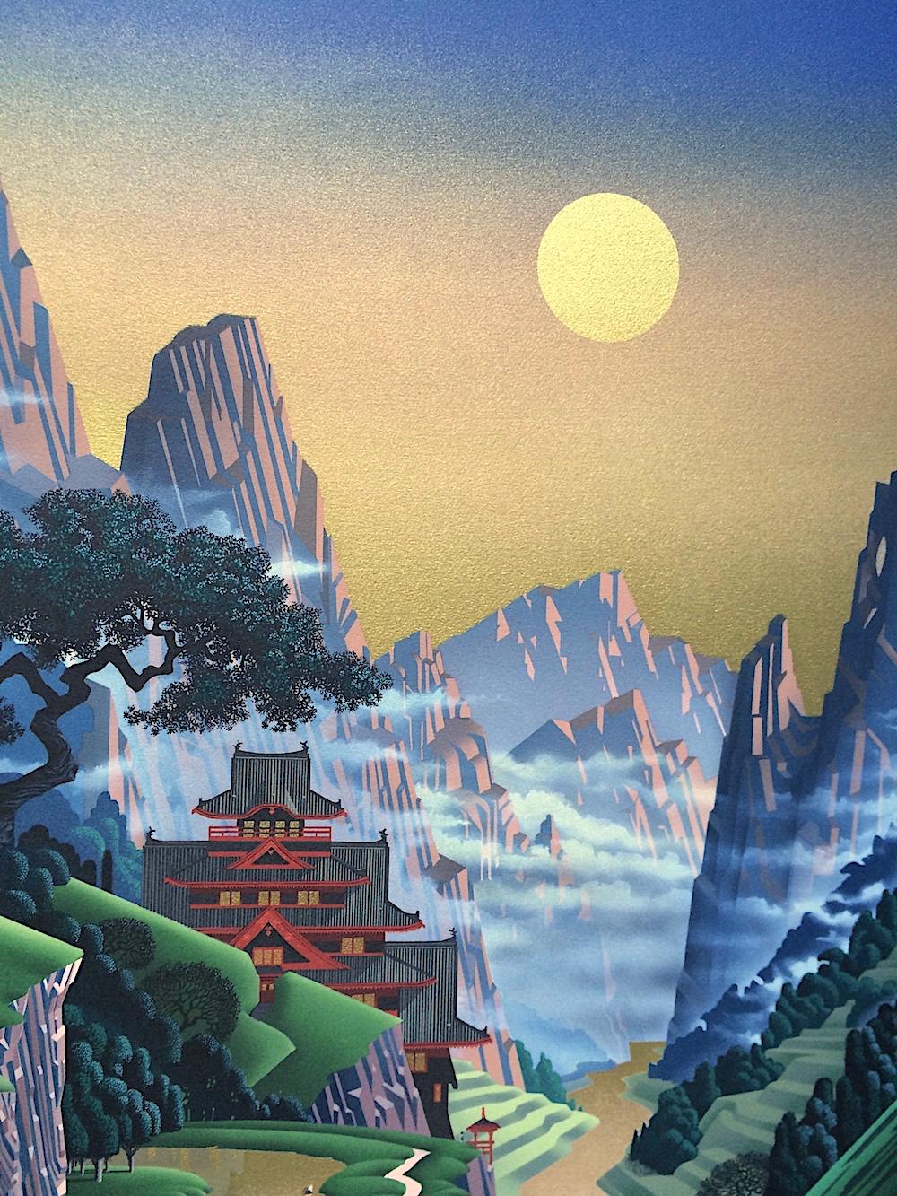 SEVENTH TORII Signierte Lithographie Japanische Architektur, Berge, Wasser, Gold, Himmel  – Print von Jim Buckels