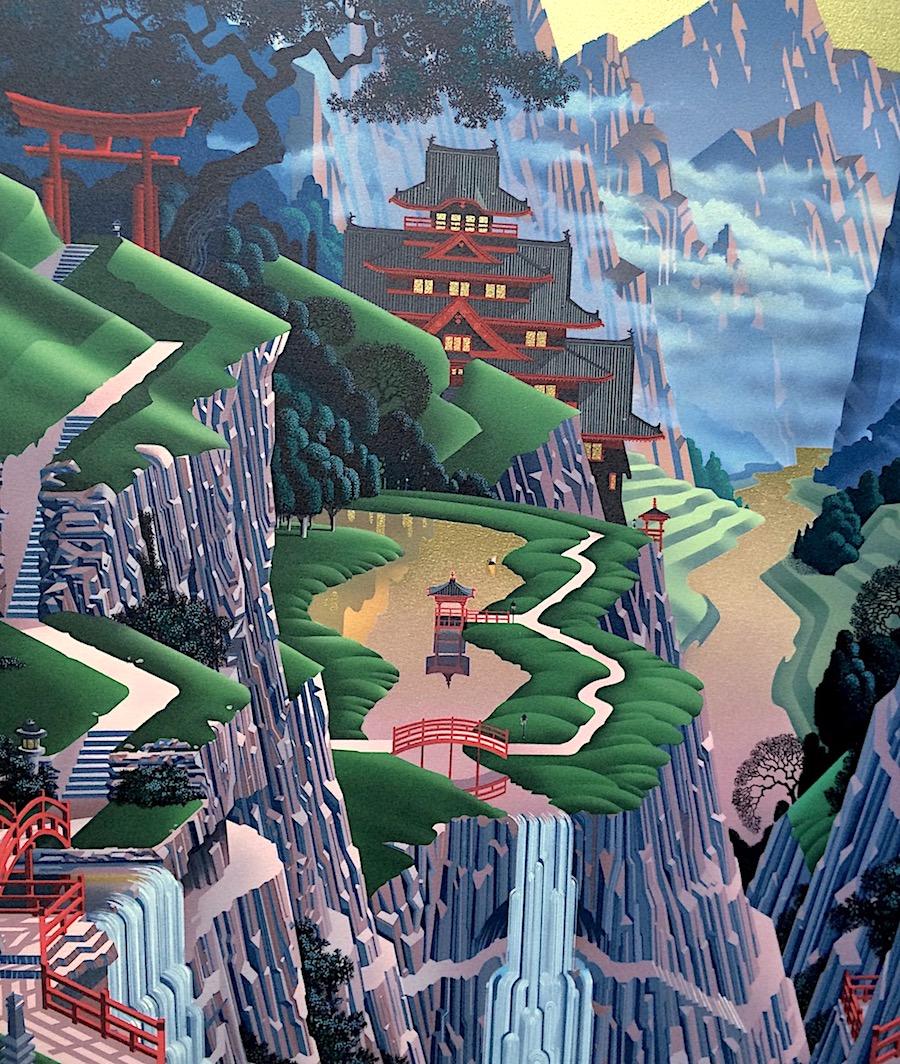 SEVENTH TORII Signed Lithograph Japanese Architecture, Mountains Water Gold Sky  - Contemporary Print by Jim Buckels