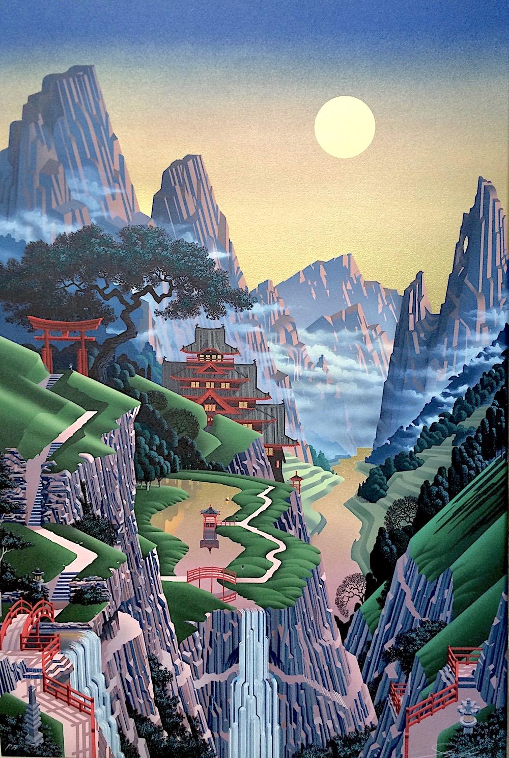 Jim Buckels Print – SEVENTH TORII Signierte Lithographie Japanische Architektur, Berge, Wasser, Gold, Himmel 