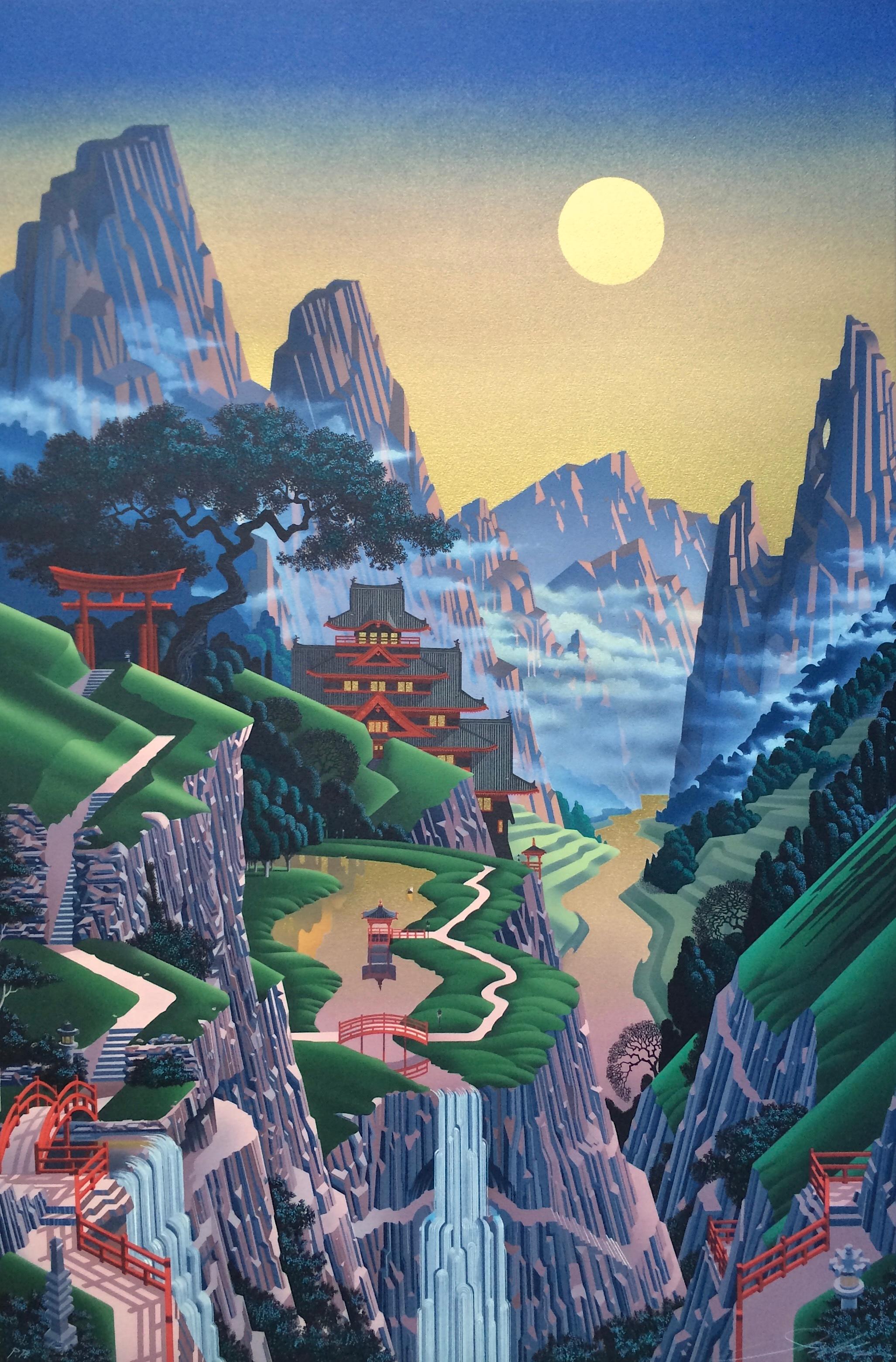 Landscape Print de Jim Buckels - SÉPTIMO TORII Litografía Firmada Paisaje Japonés, Montañas Agua Cielo Dorado