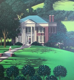 TROUBLE AT WALNUT RIDGE Litografía firmada, Granja, Colinas verdes, Caballos