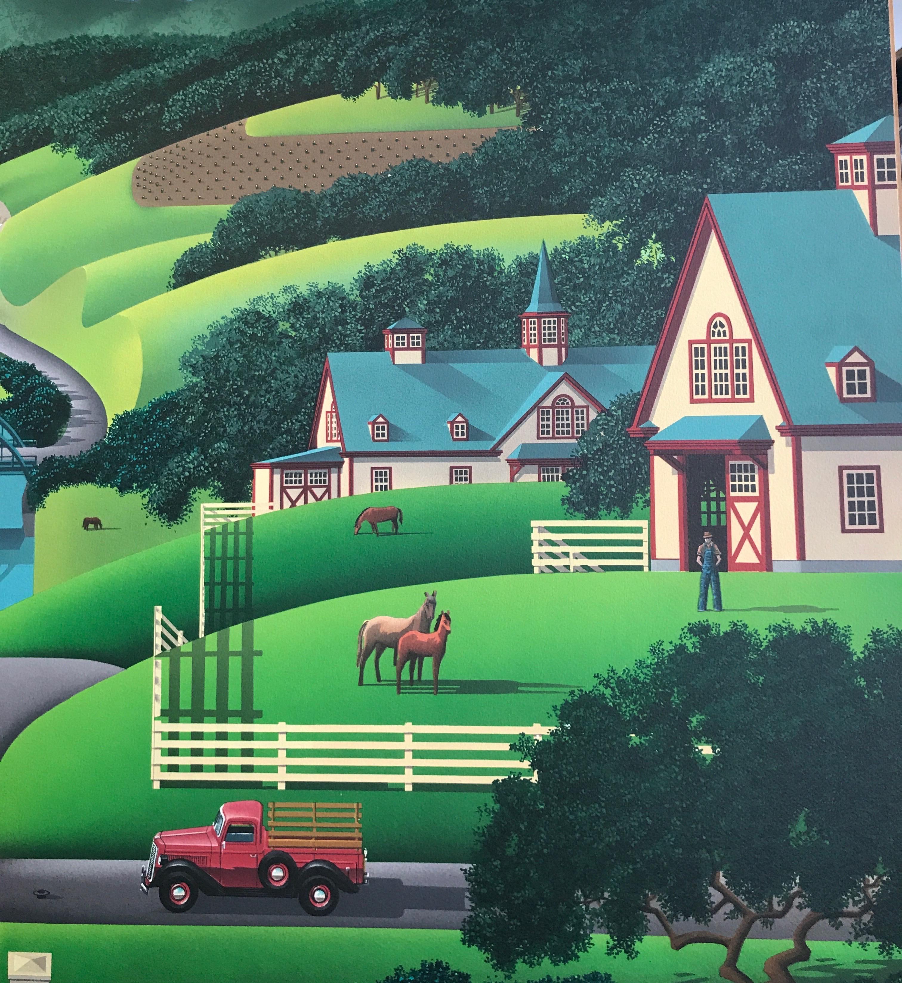 TROUBLE AT WALNUT RIDGE Lithographie signée, Ferme, collines verdoyantes, chevaux - Contemporain Print par Jim Buckels