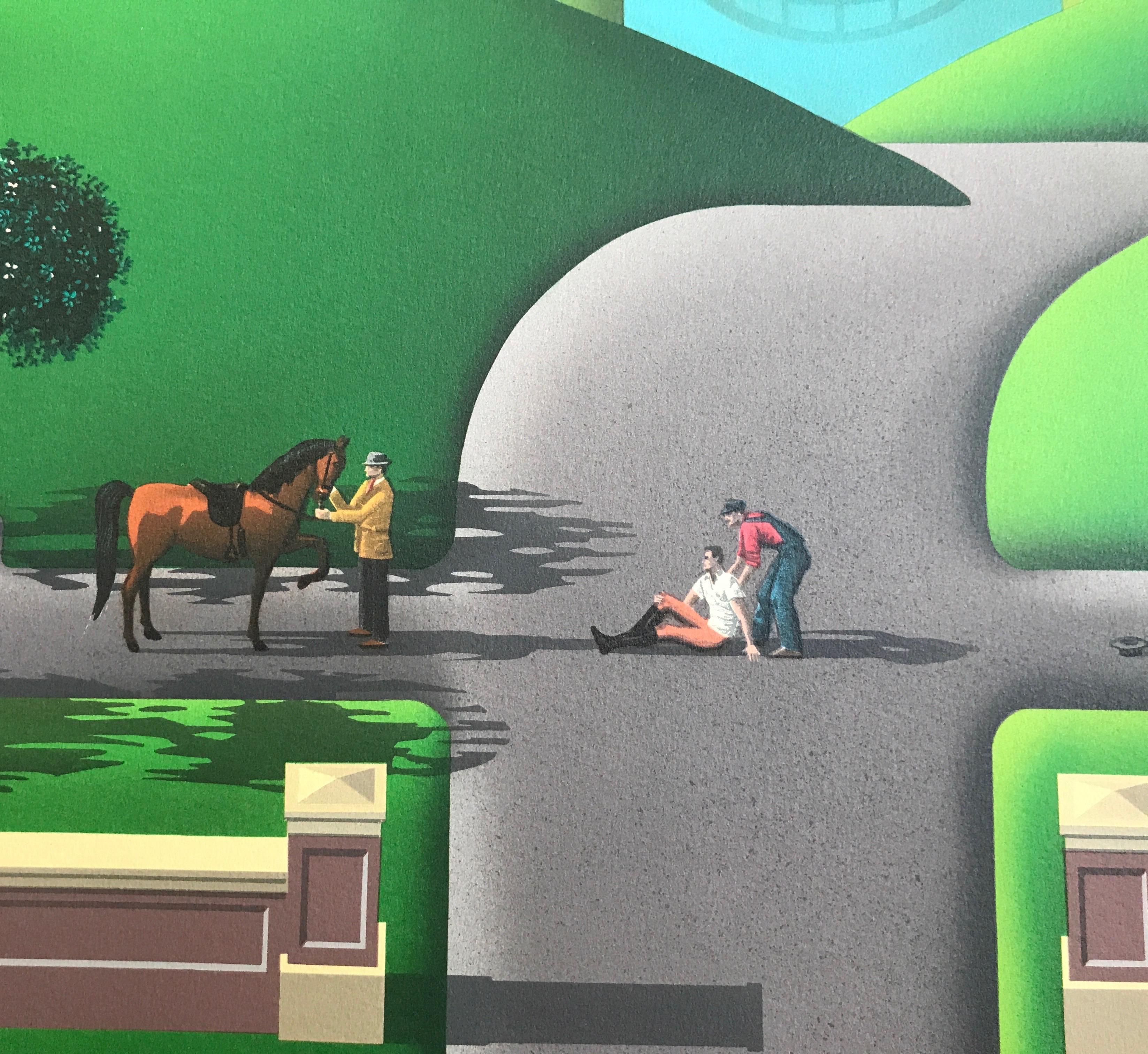 TROUBLE AT WALNUT RIDGE Signed Lithograph, Farm Country, Green Hills, Horses - Contemporary Print by Jim Buckels