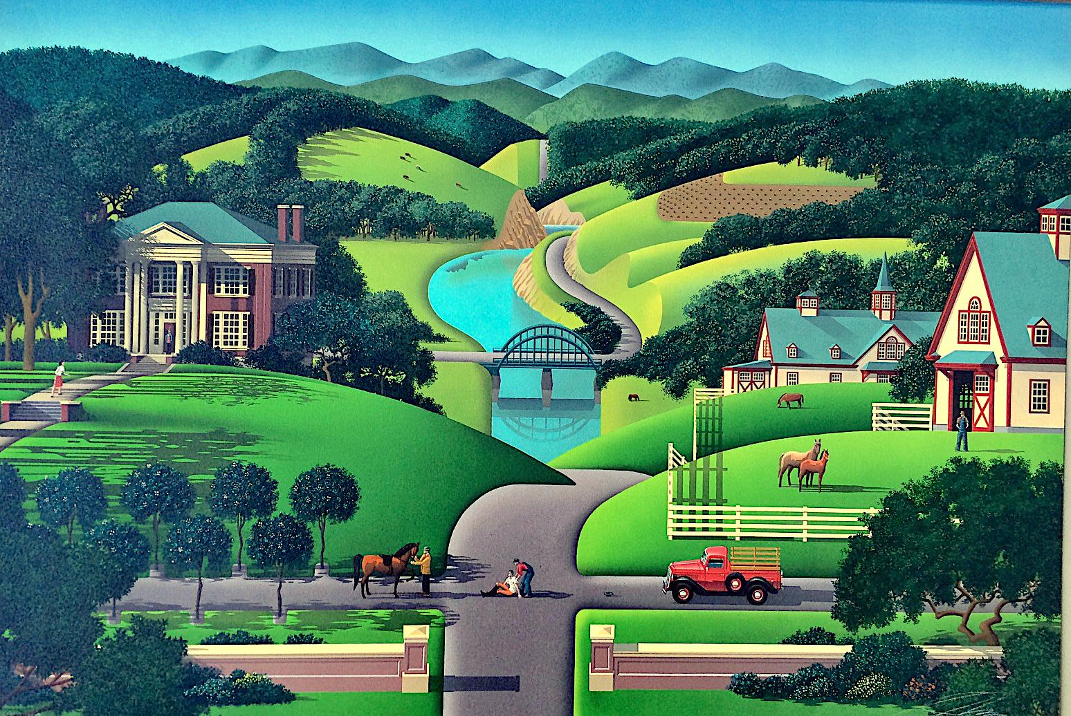 Jim Buckels Landscape Print - TROUBLE AT WALNUT RIDGE Signed Lithograph, Farm Country, Green Hills, Horses