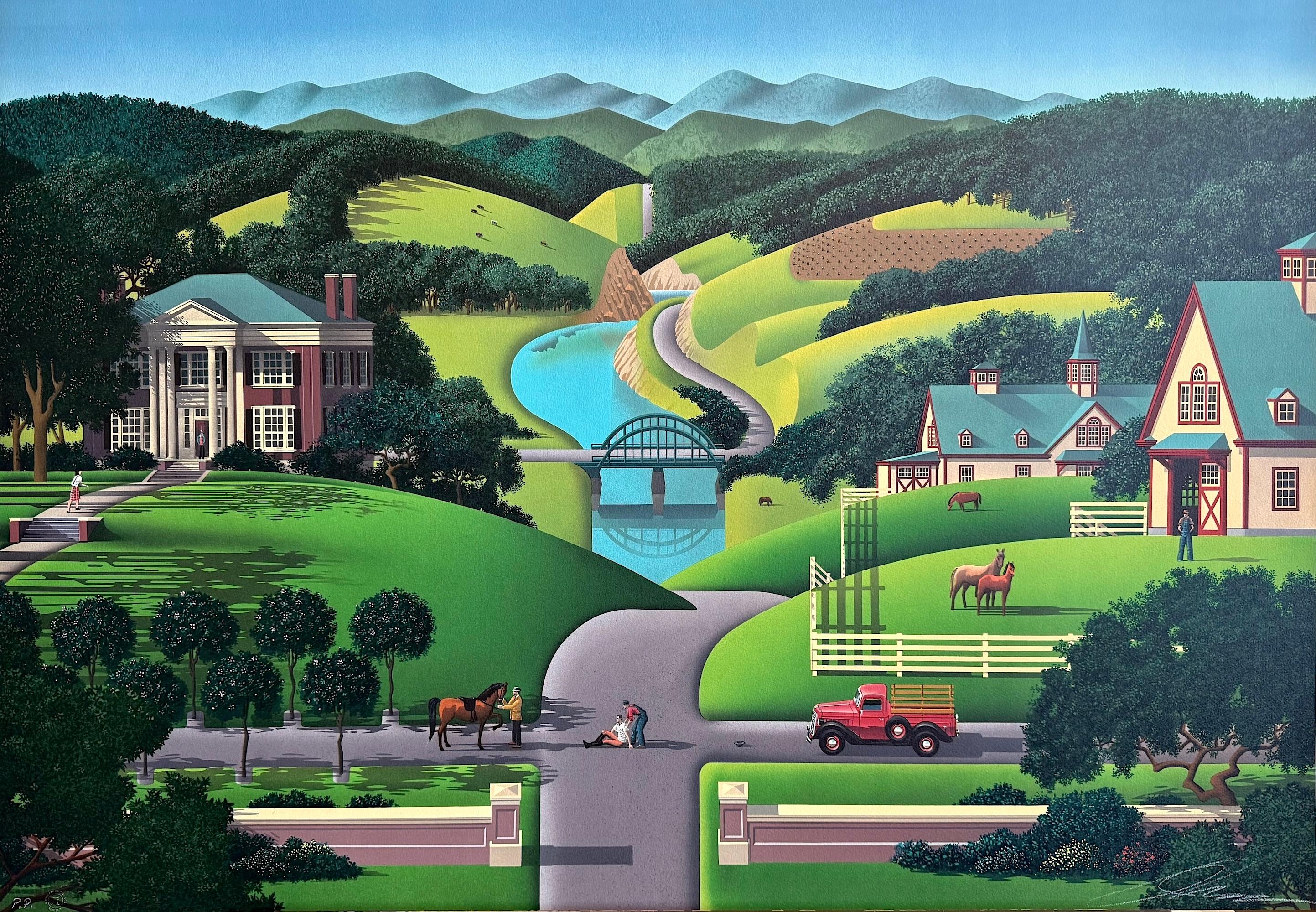 Animal Print Jim Buckels - TROUBLE AT WALNUT RIDGE Lithographie signée, Ferme, collines verdoyantes, chevaux