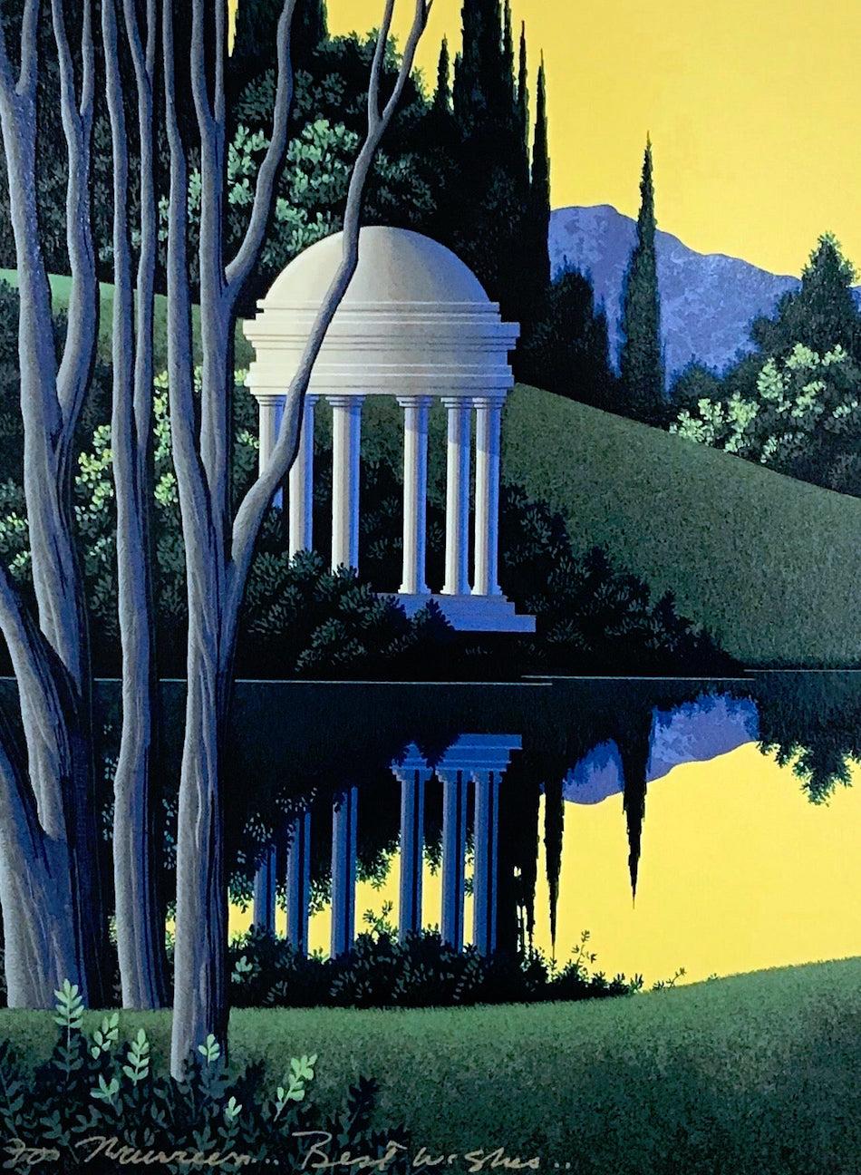 VESPERTINA Signed Serigraph, Fantasy Landscape, Architectural Gazebo w Cupola - Print by Jim Buckels