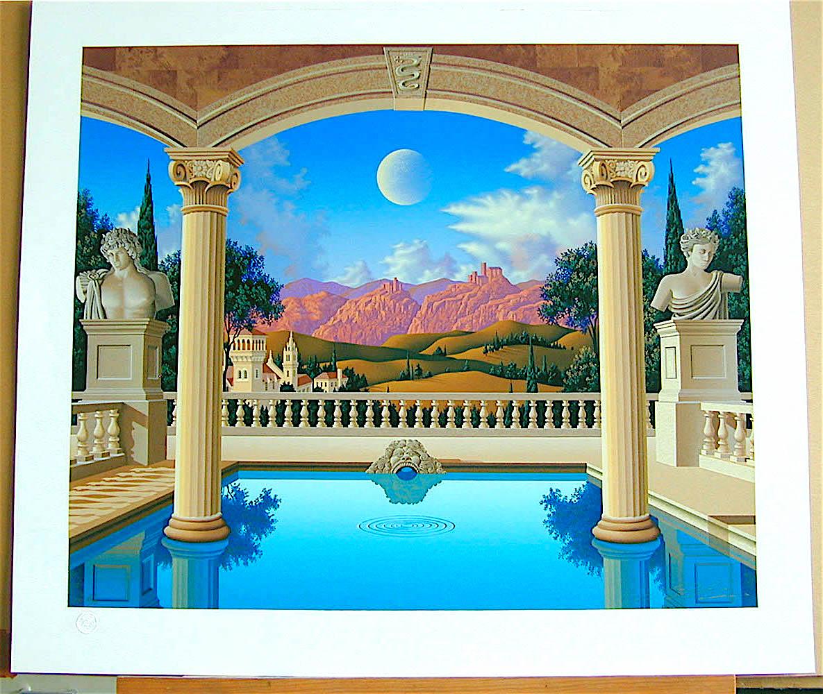 VILLA VISCONTI Signed Original Serigraph, Mediterranean Landscape Greek Columns - Print by Jim Buckels