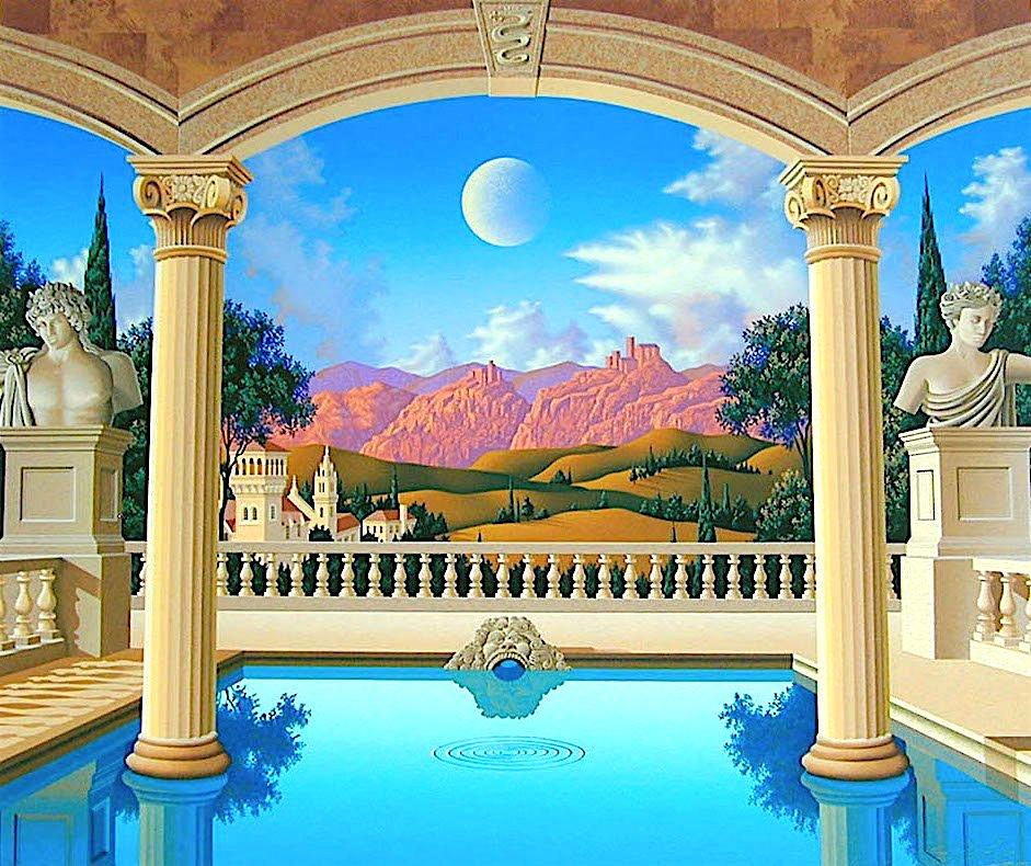 Jim Buckels Interior Print - VILLA VISCONTI Signed Original Serigraph, Mediterranean Landscape Greek Columns