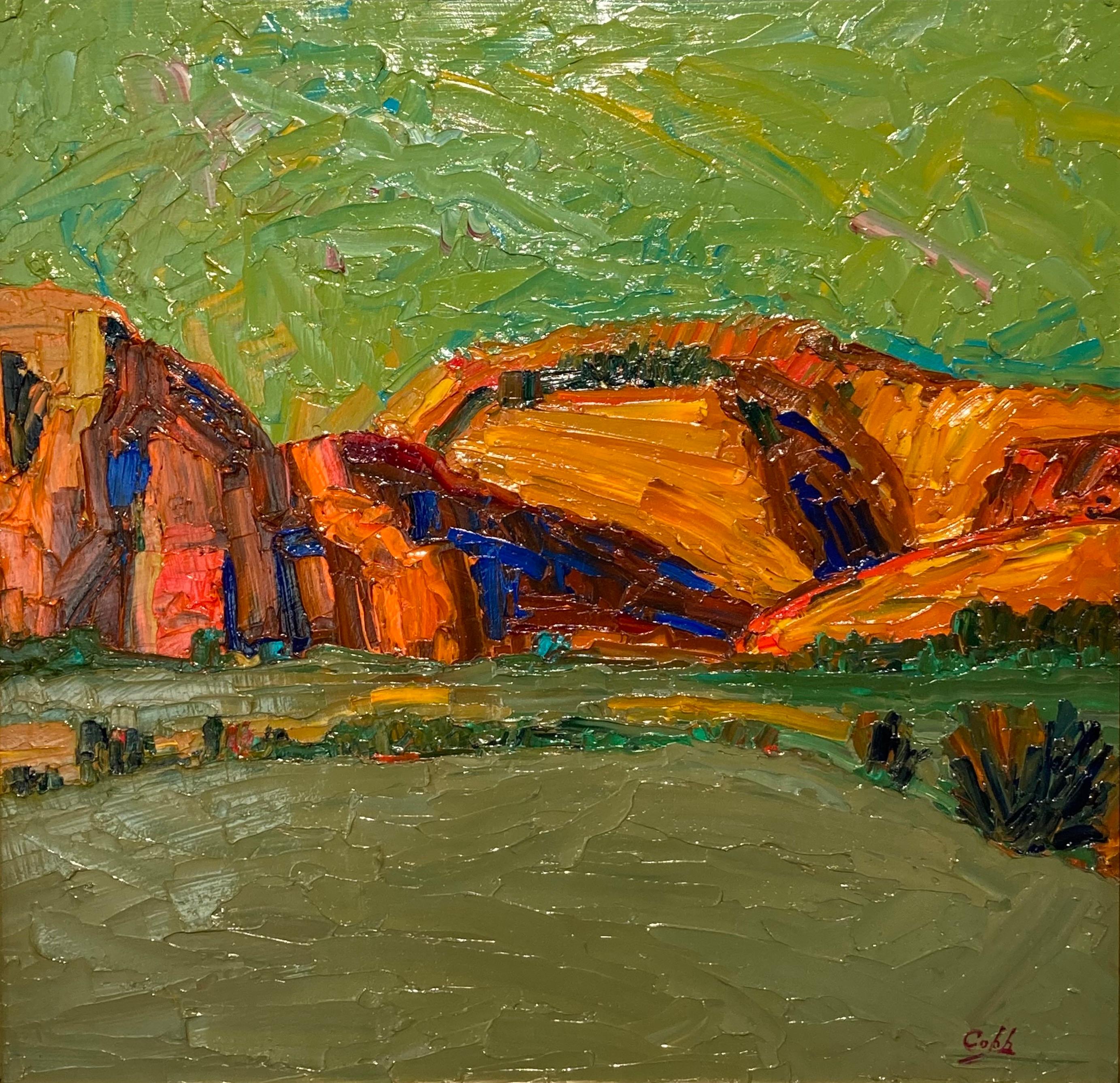 This oil on panel by artist James Cobb features the mountains prevalent along I-40 West while traveling to Arizona. The mountain is captured in the unique shades of brown, red, and orange typical under the southwest sun. The artist uses deep tones