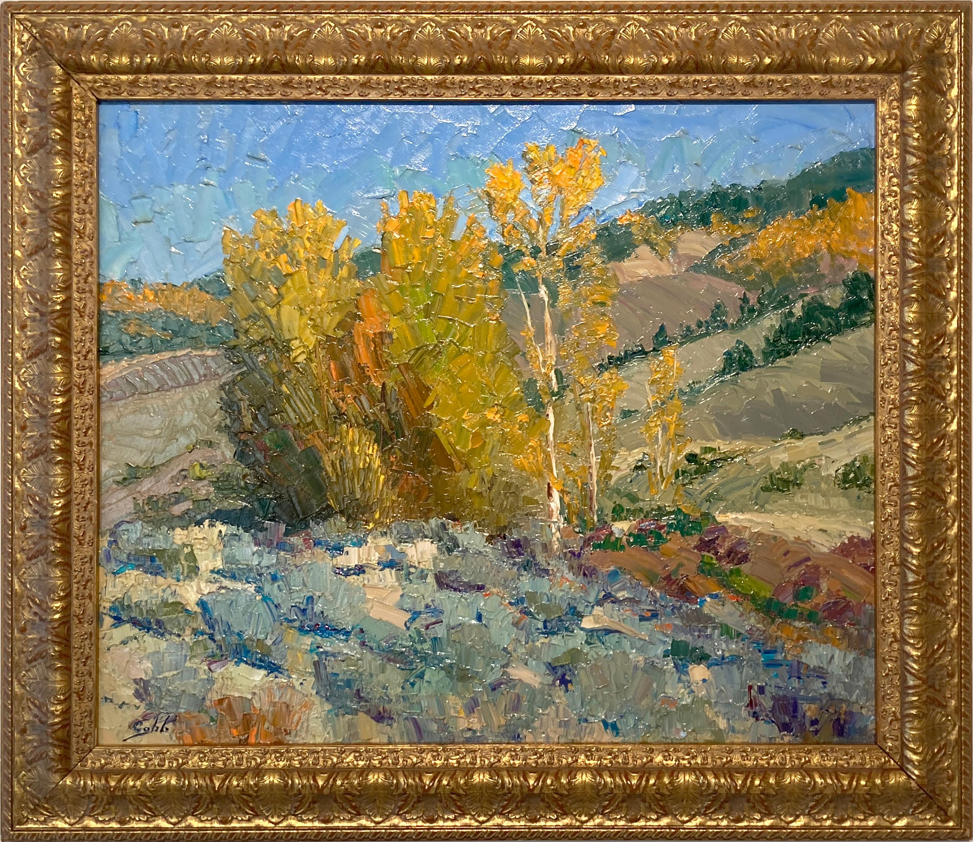Cette peinture à l'huile sur toile de l'artiste James Cobb représente les tremblaies pittoresques que l'on trouve le long des flancs des montagnes du Colorado. L'utilisation du couteau à palette par Cobb permet d'accentuer la variété des textures de