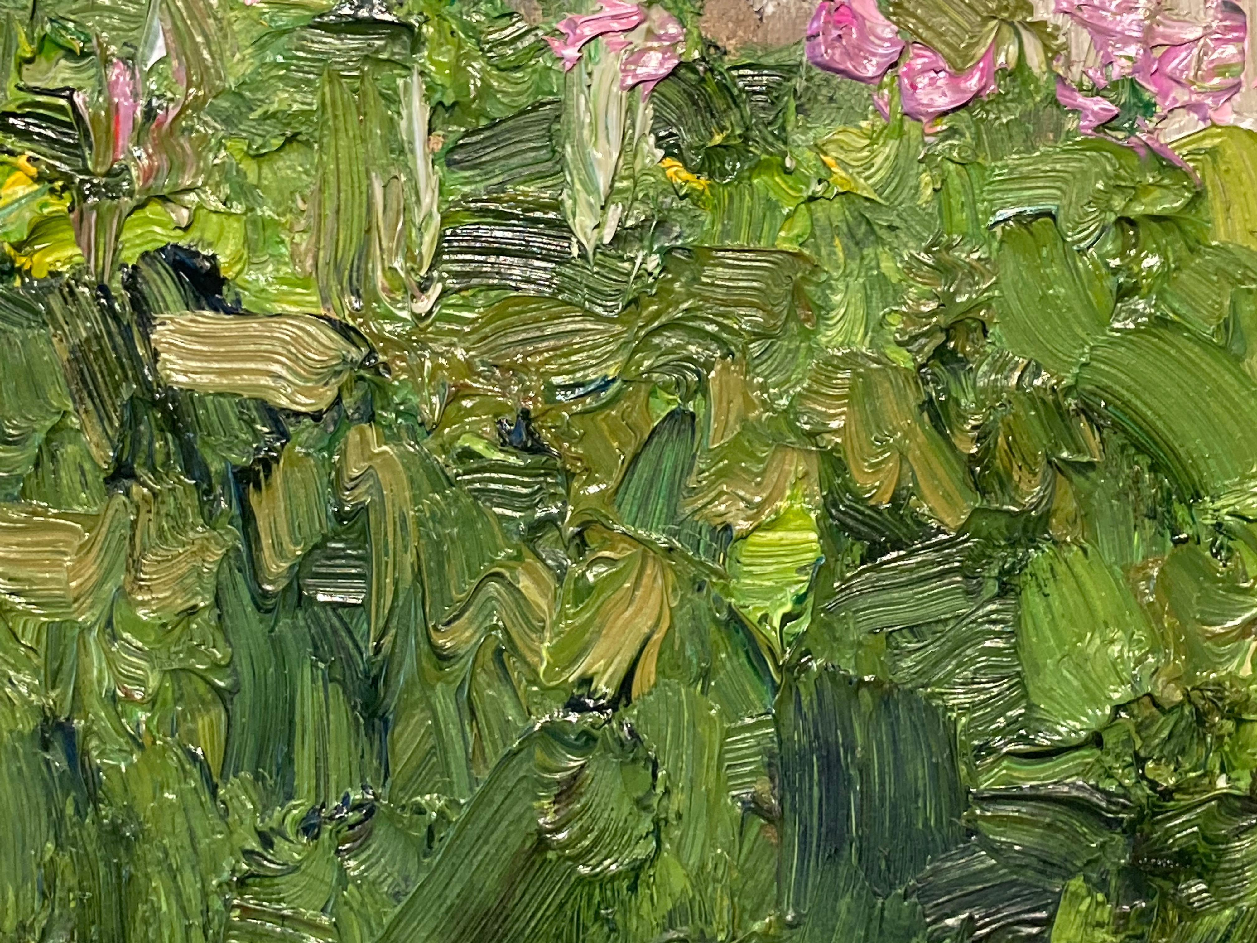This impressionistic oil on canvas painted by artist James Cobb depicts a cluster of pink hollyhocks among grass behind the fence line of a nearby home. Cobb uses heavy paint application to highlight the overgrown nature of the green brush and