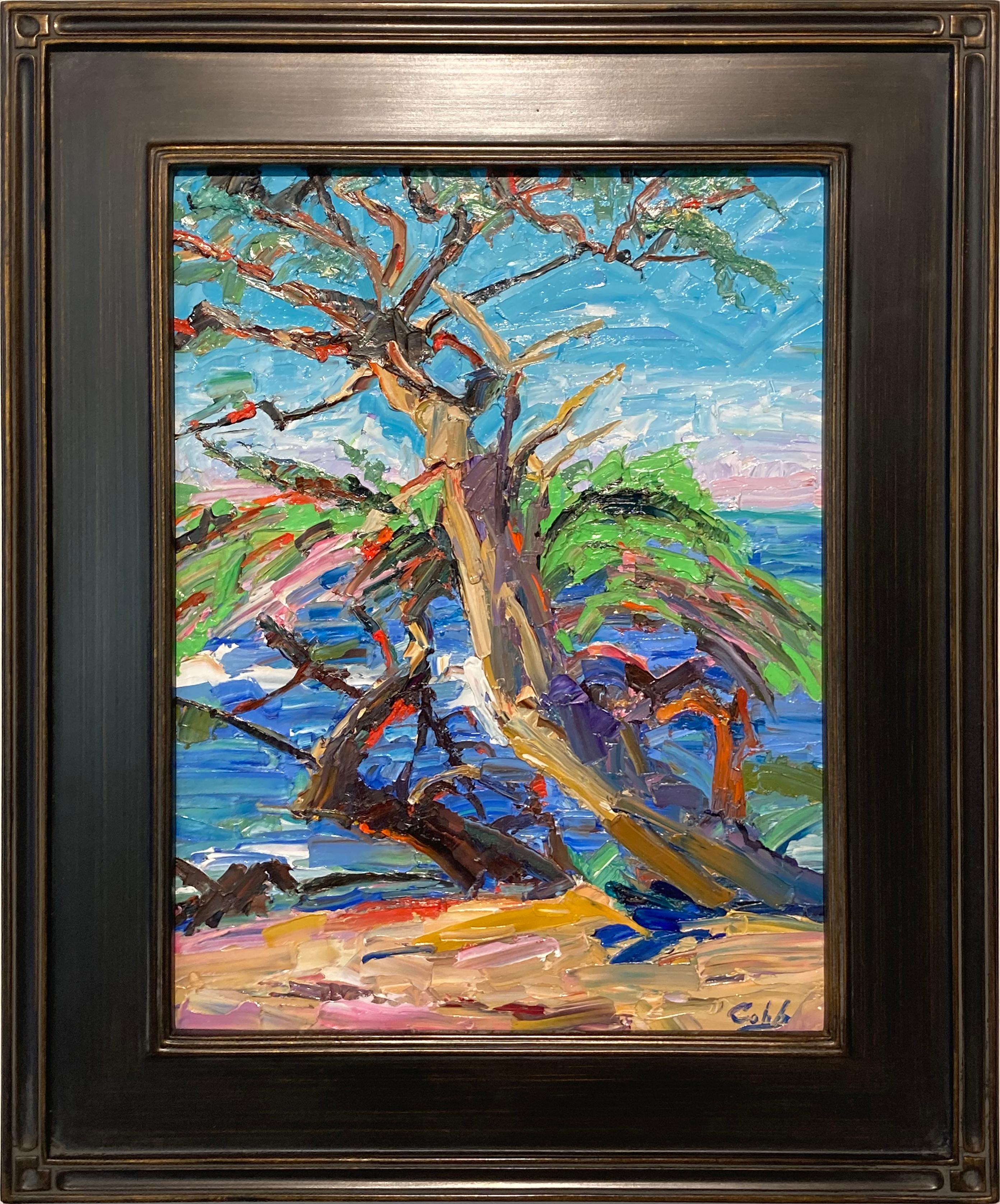 Landscape Painting Jim Cobb - Peinture à l'huile sur panneau de gesso « Cypress Point » de James Cobb