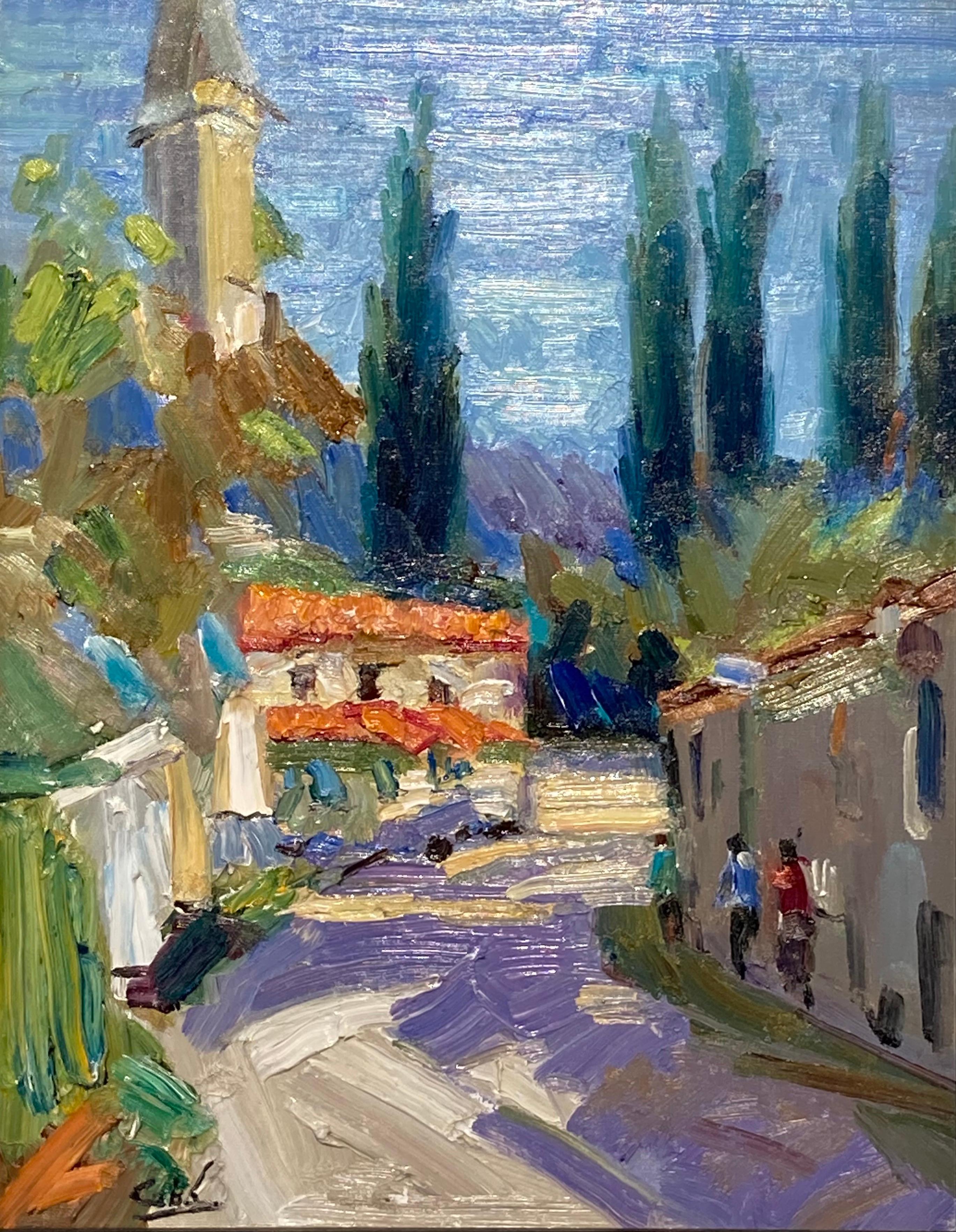 This oil on linen painting by James Cobb depicts an Italian street scene. The sidewalk is shaded in a purple cast from the afternoon sun with several persons featured walking along the edge of a building in its shadow. In the background a church
