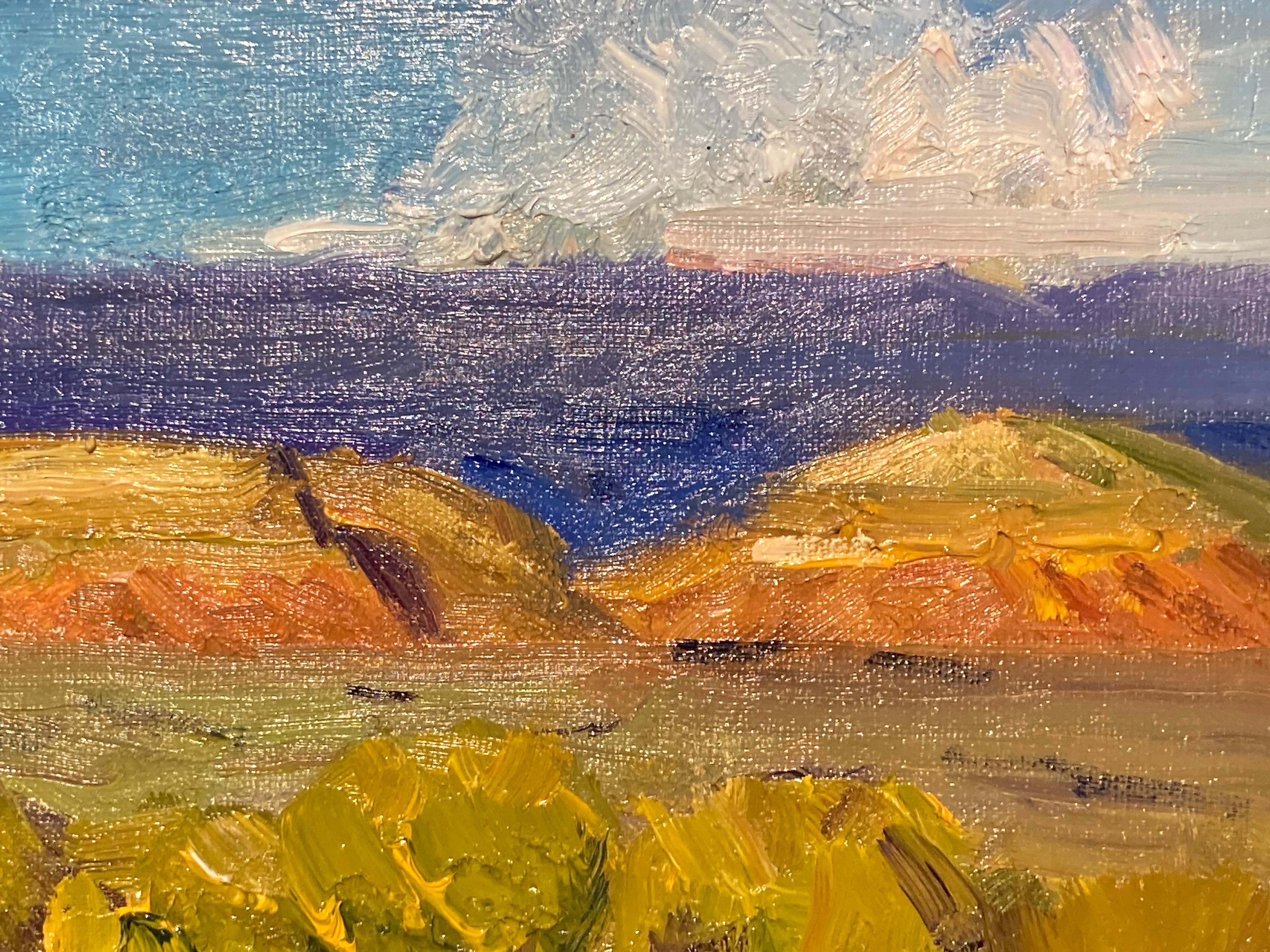 Cette huile sur toile de l'artiste James Cobb représente le paysage désertique de l'automne au Nouveau-Mexique. Au premier plan, les sommets des buissons de chamisa sont mouchetés de jaune et de vert alors qu'ils commencent à fleurir, tandis que la