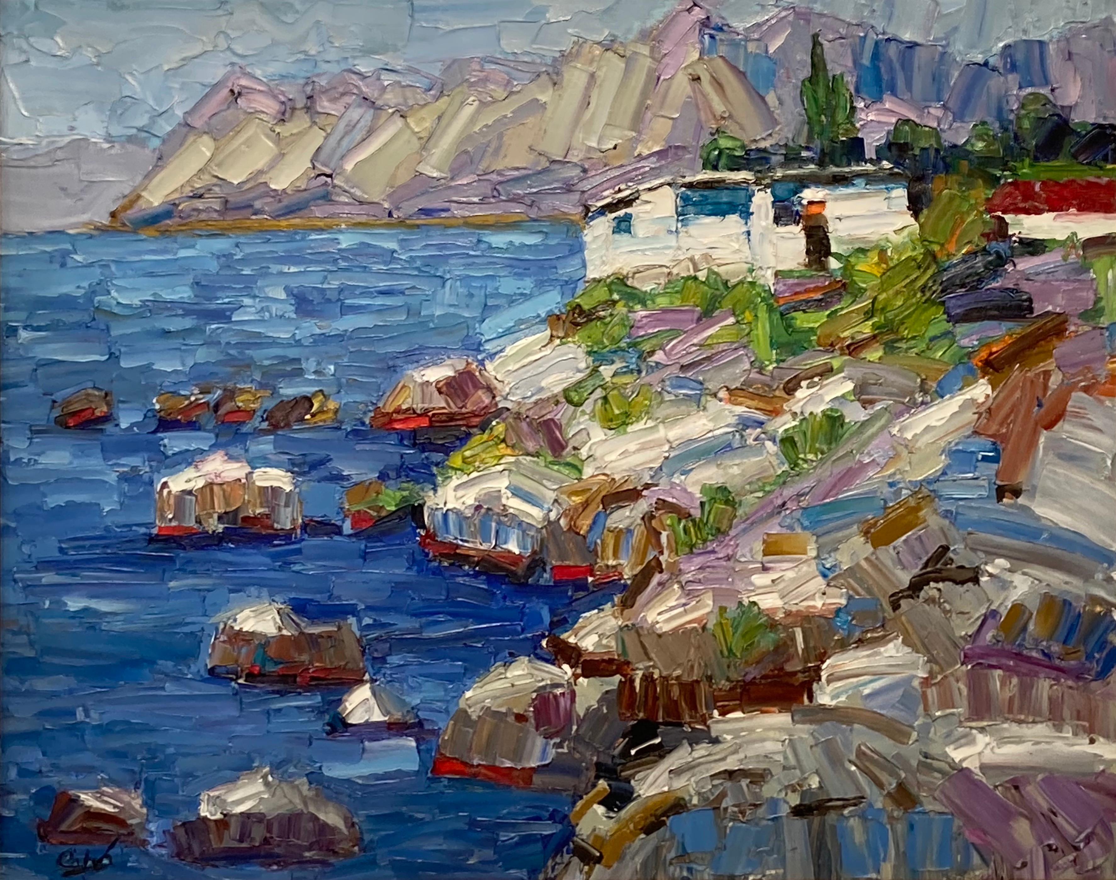 Peinture à l'huile sur toile « Rocky Seascape Overlook » de James Cobb en vente 3