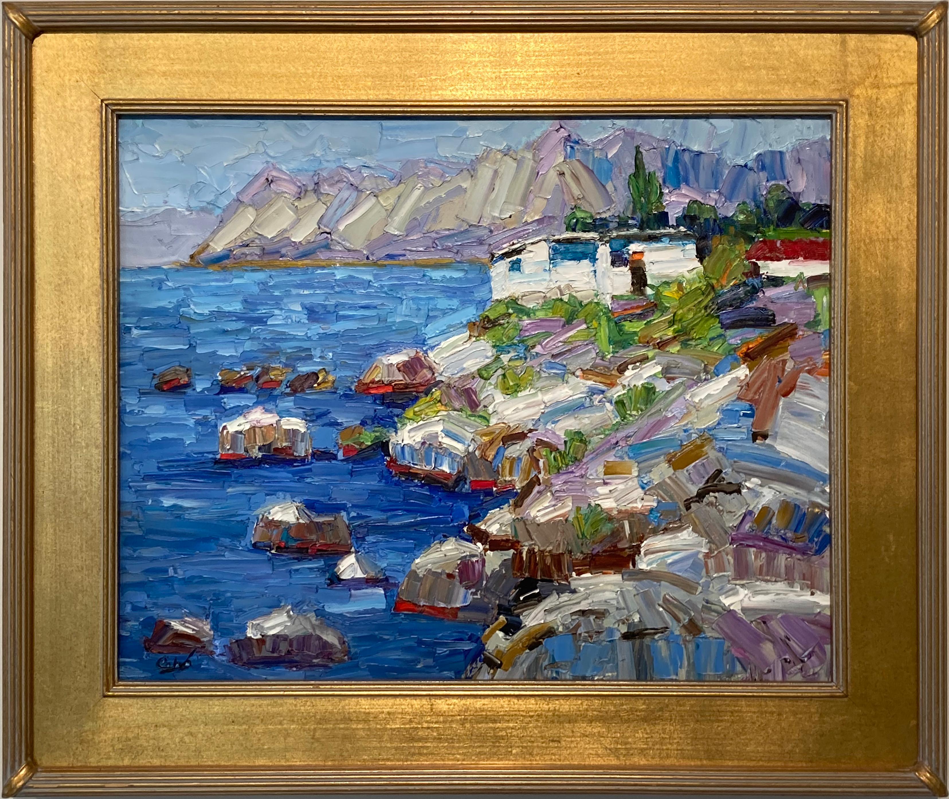 'Paesaggio roccioso con vista sul mare', di James Cobb, Pittura a olio su tela